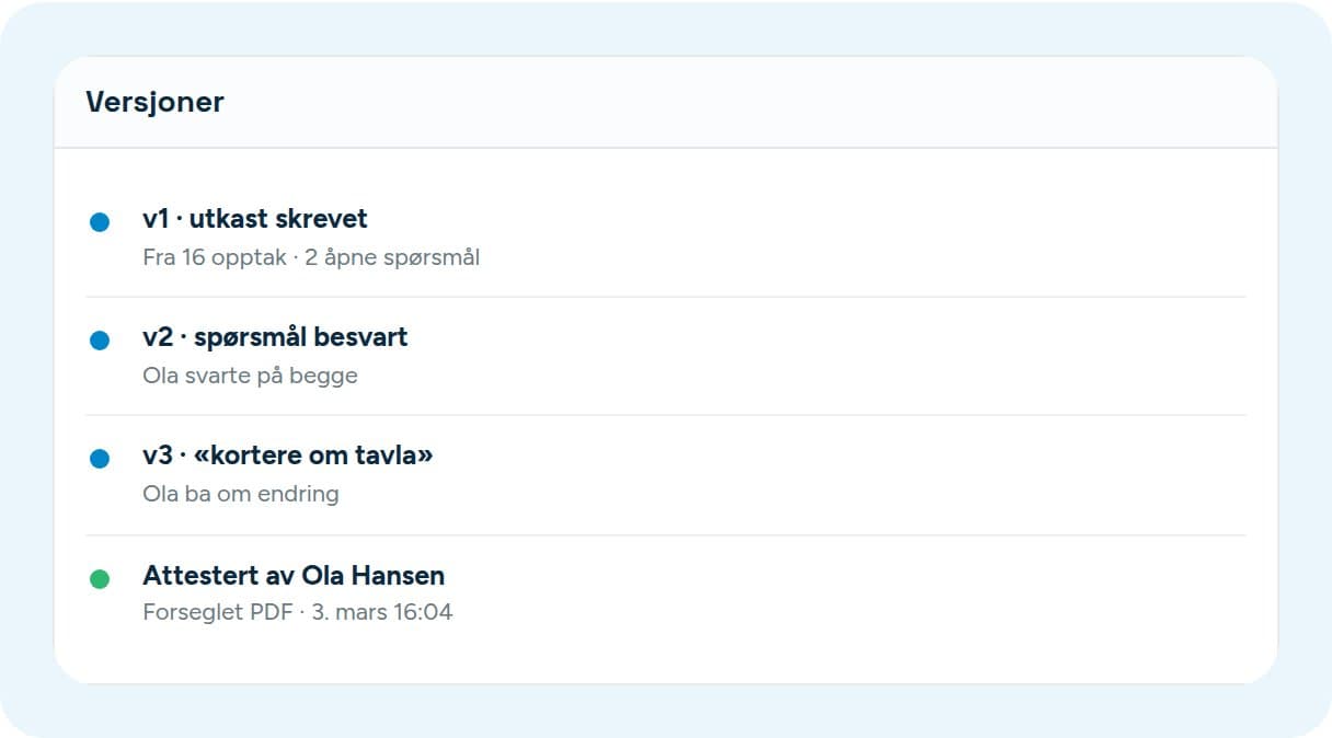 A report’s versions in Vadio, each with what changed and who asked