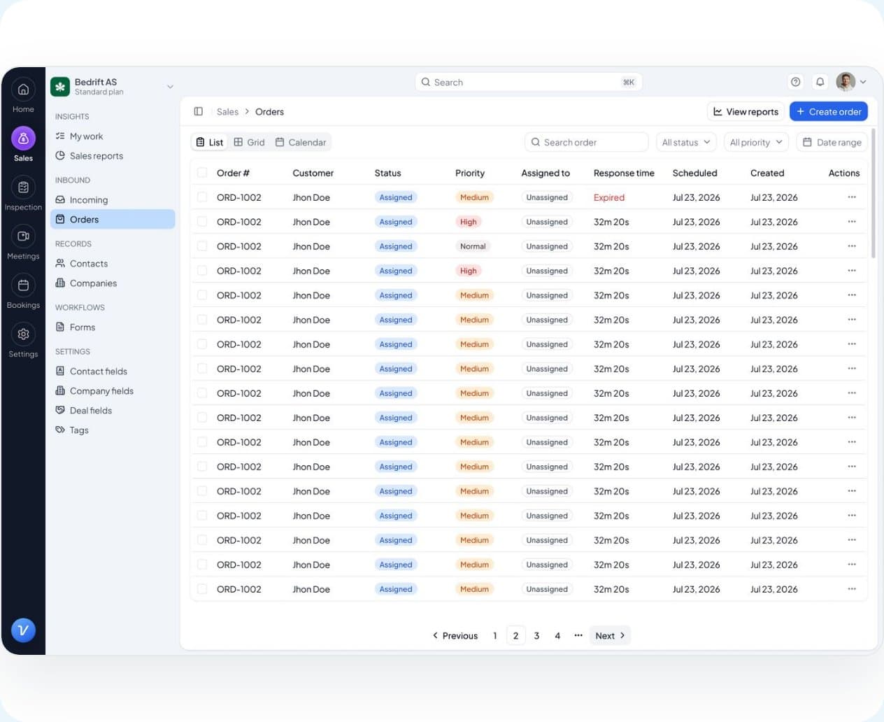 Vadio on the web with the order list, its status, priority and response time