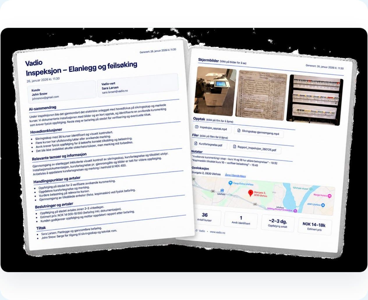 A finished Vadio inspection report with deviations, deadlines and an AI summary
