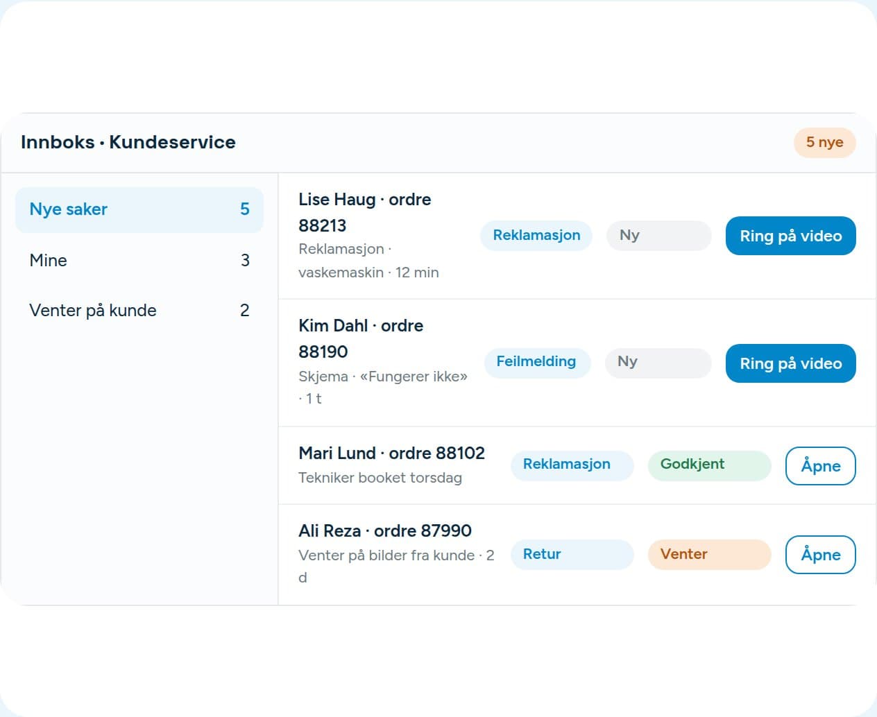 The customer service inbox in Vadio, with complaints waiting for a video call