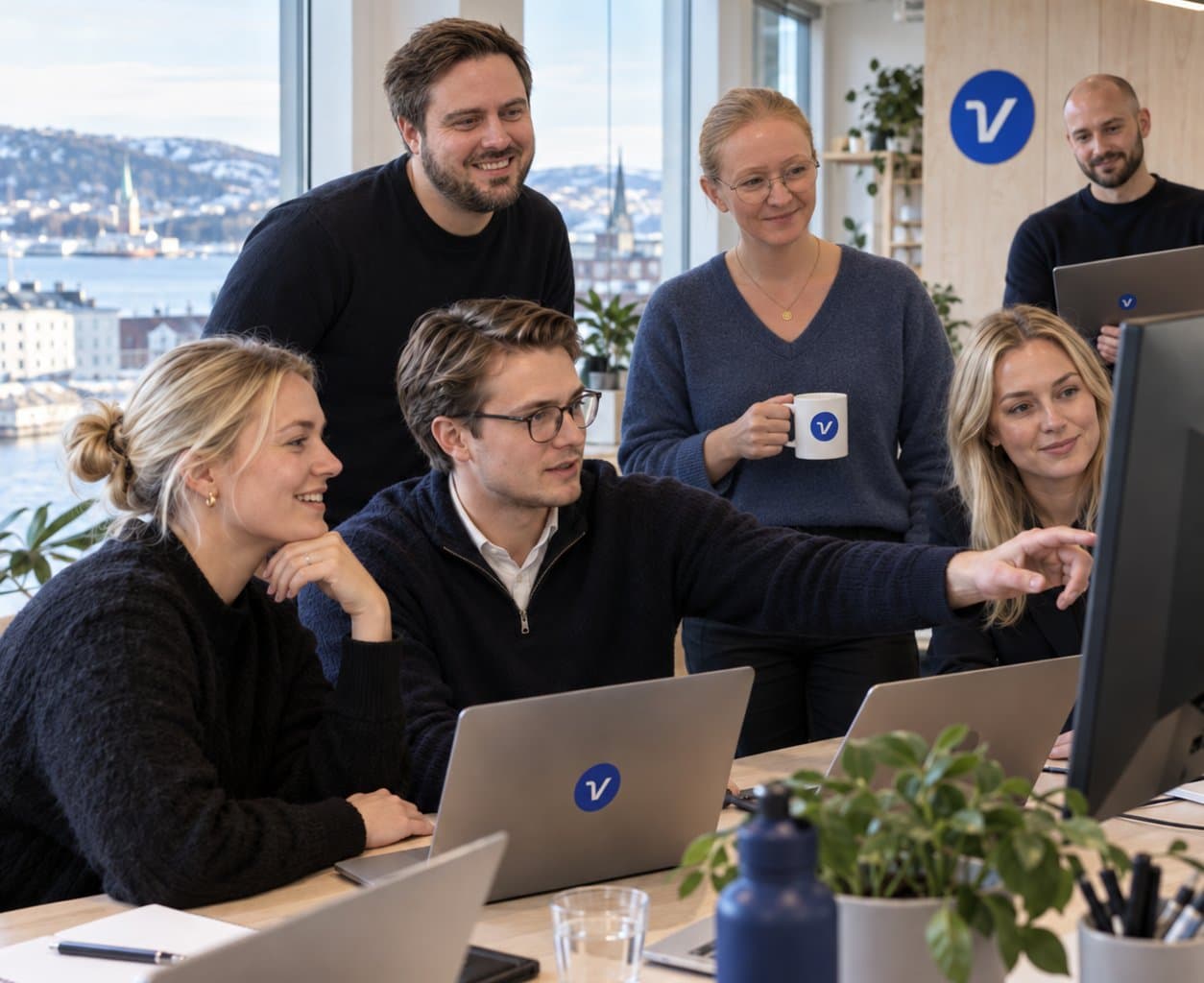 The Vadio team gathered round a laptop in the office, the fjord behind them