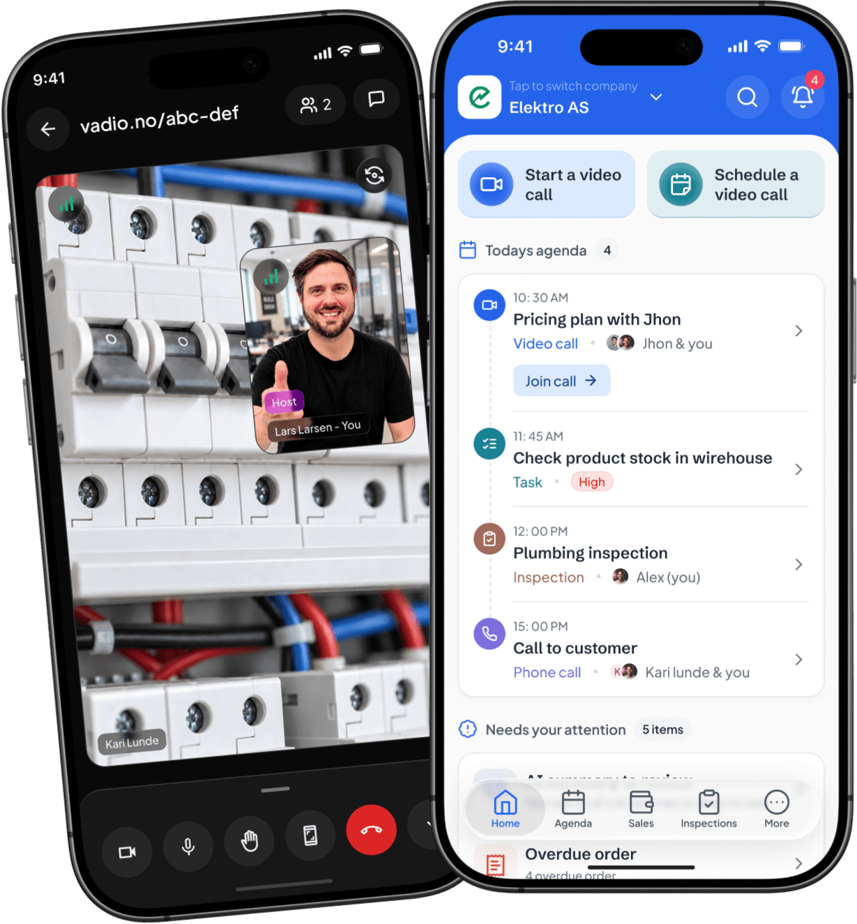 The Vadio app home screen for Elektro AS: video call shortcuts and today’s agenda of calls, tasks and inspections; behind it, a video call in the Vadio app, the technician giving a thumbs up in front of an open fuse box