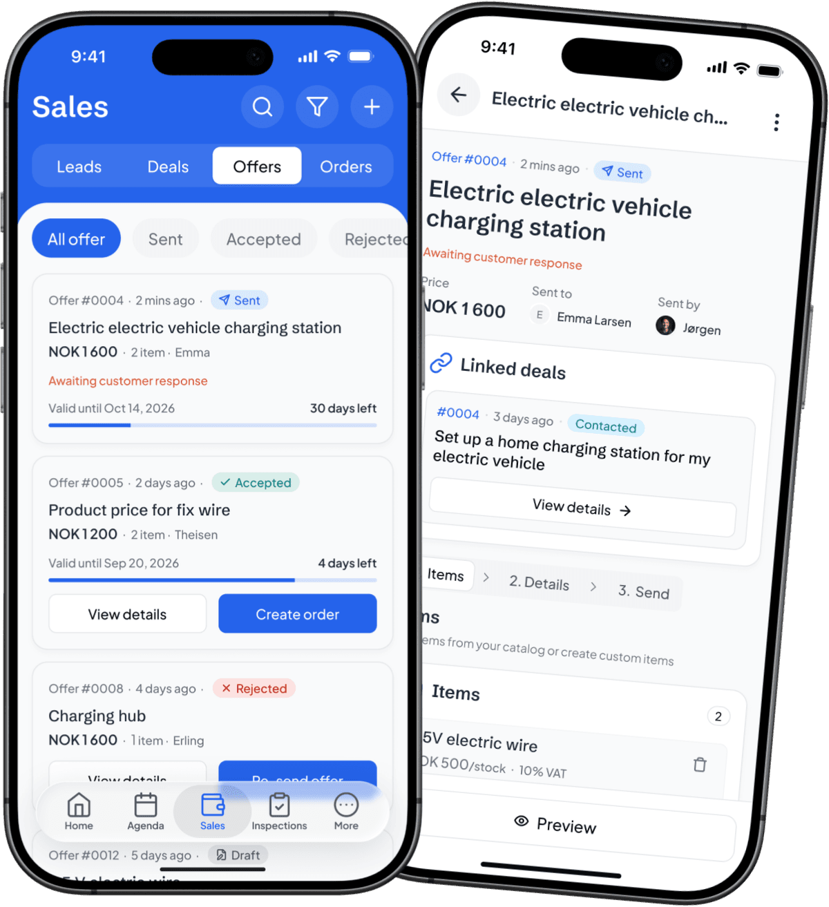 The offers list in the Vadio app: sent, accepted and rejected offers with their status; behind it, a sent offer in the Vadio app for an electric vehicle charging station, linked to its deal