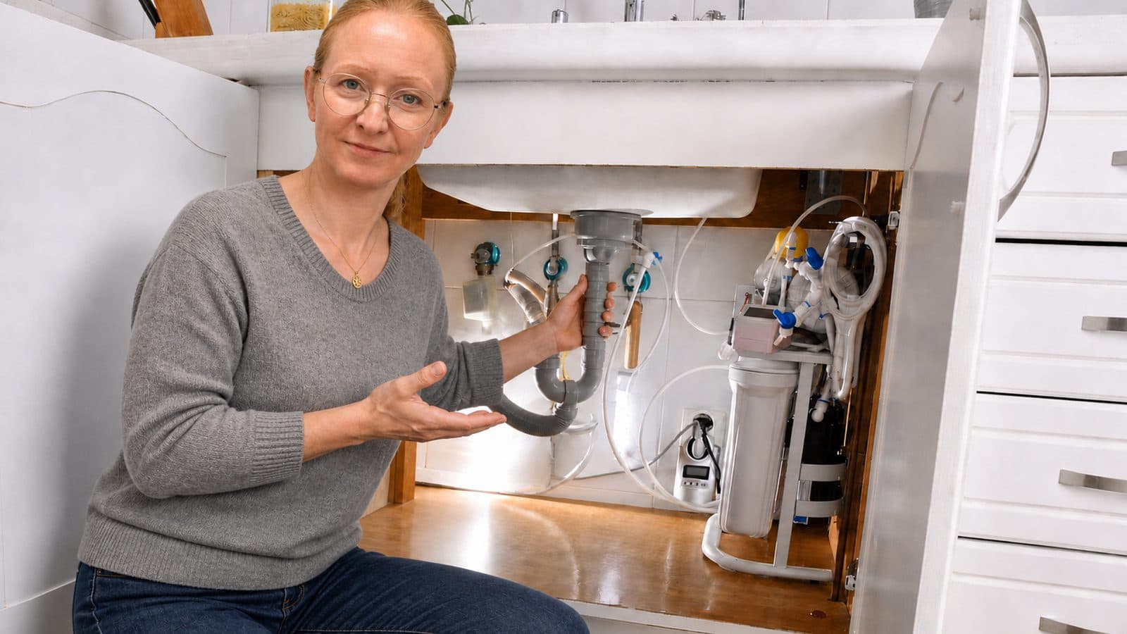 A woman kneels by an open kitchen cabinet, pointing at the drain pipe and water filter under the sink