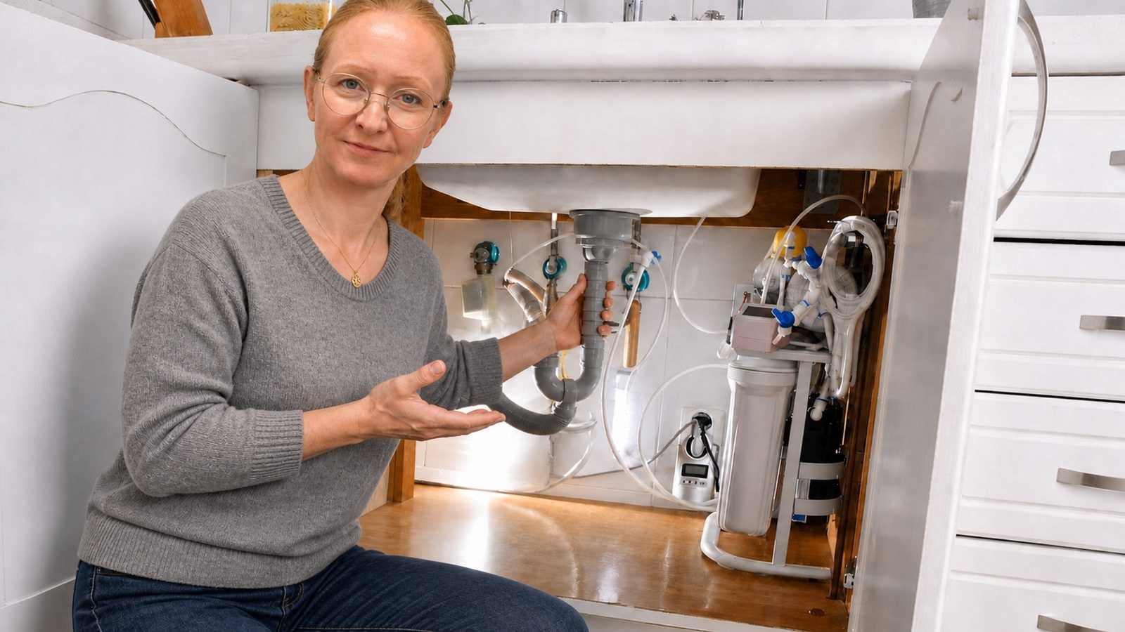 A woman kneels by an open kitchen cabinet, pointing at the drain pipe and water filter under the sink