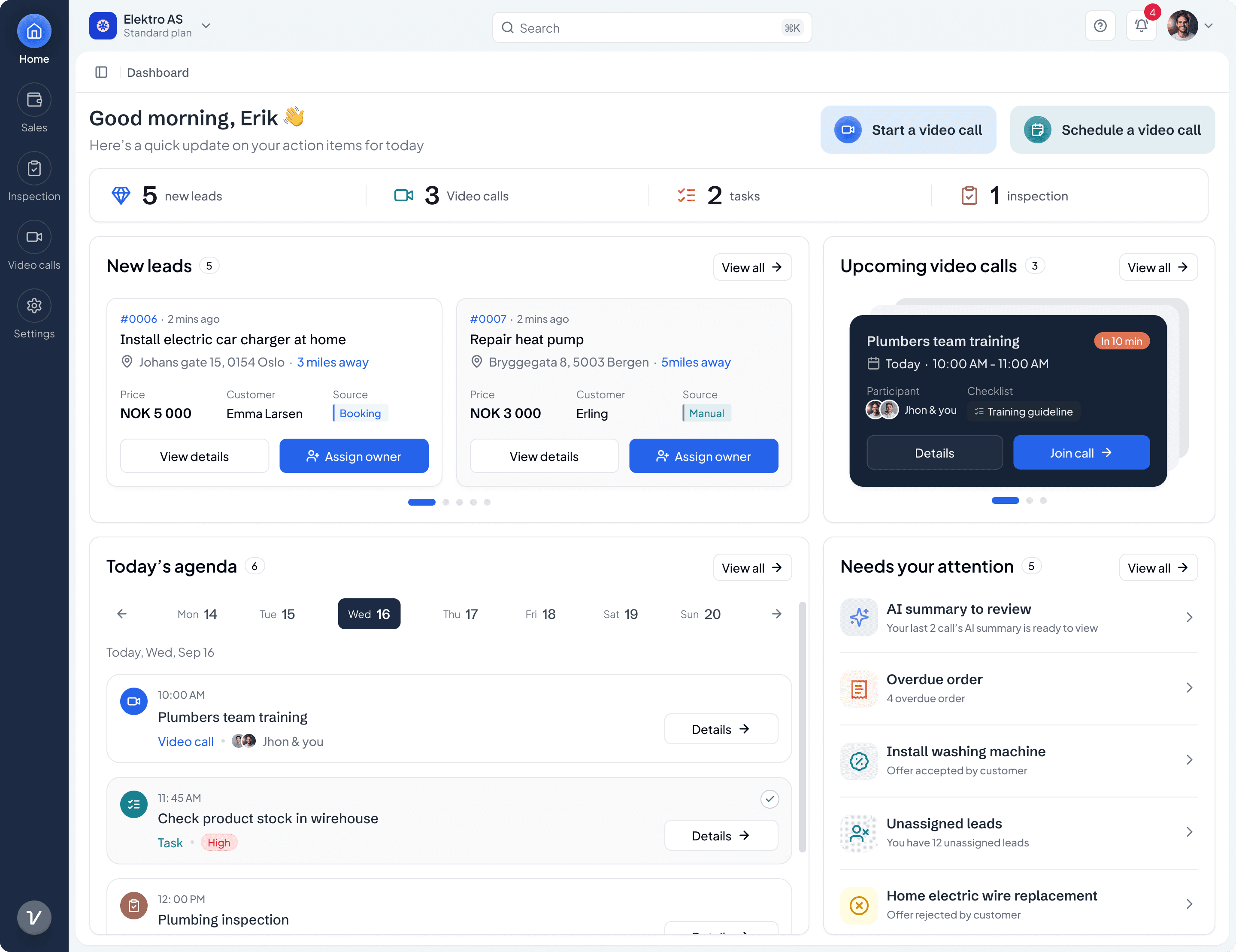 The Vadio dashboard: new leads, upcoming video calls and today’s agenda