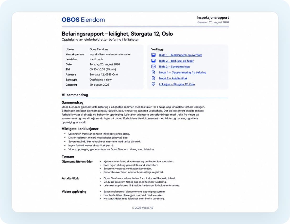 An inspection report with deviations and recommended actions per item