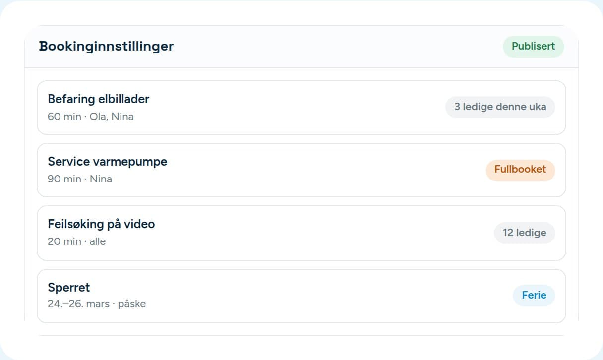 Booking settings in Vadio with services, lengths and blocked dates
