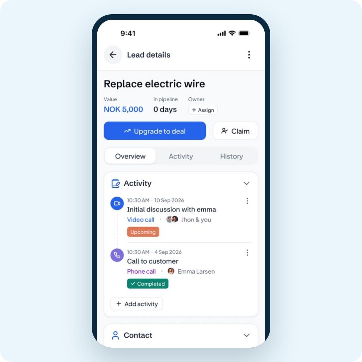 A lead in the Vadio app with its activity, the video call and the next call