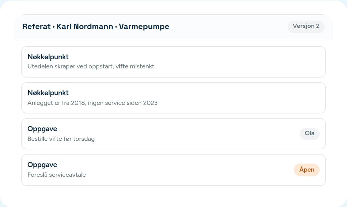 A call summary in Vadio with key points and agreed tasks