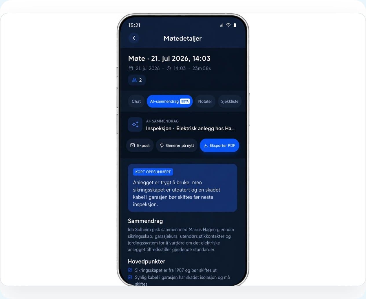 An AI summary of a video call in the Vadio app, with the key points