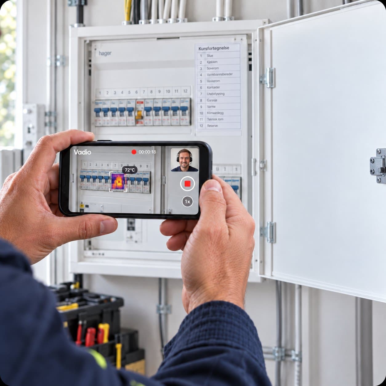 An electrician films a fuse board on a phone during a Vadio video call