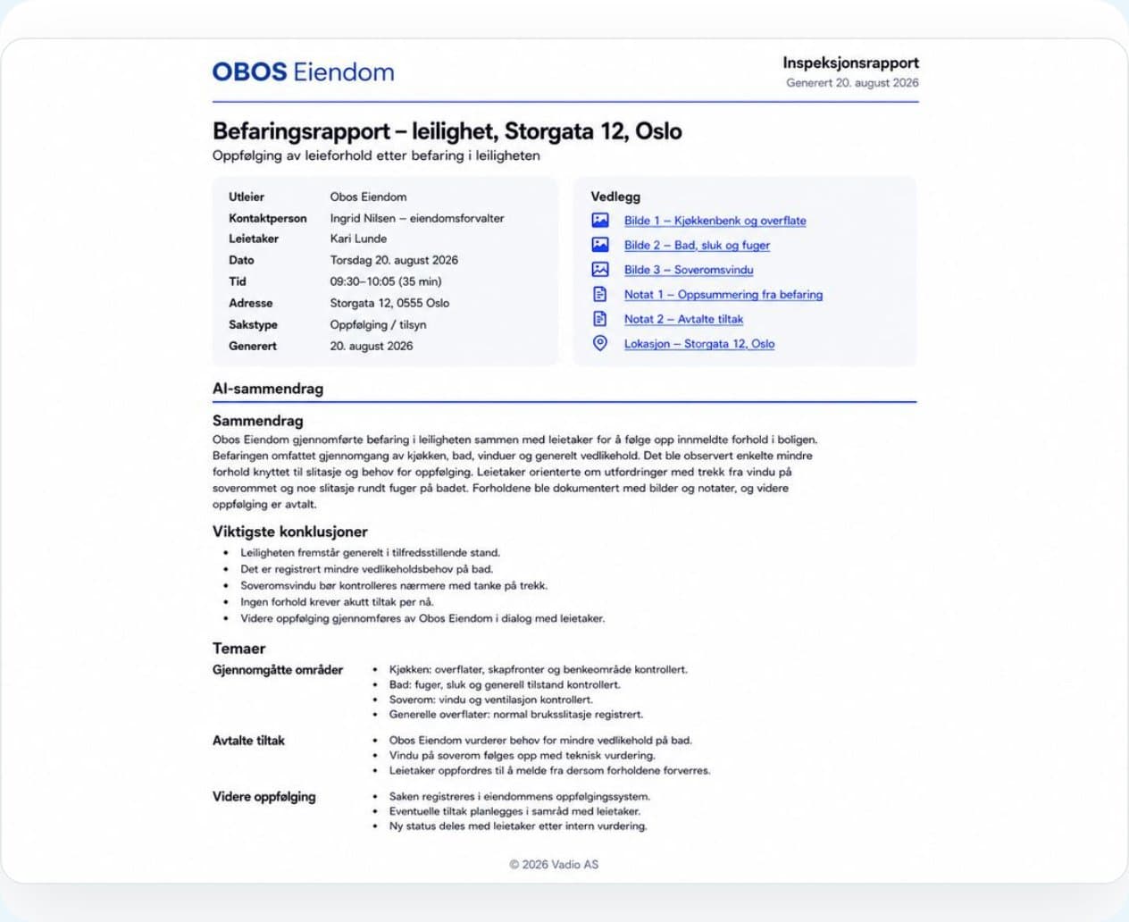 A Vadio inspection report with a summary, conclusions and agreed actions