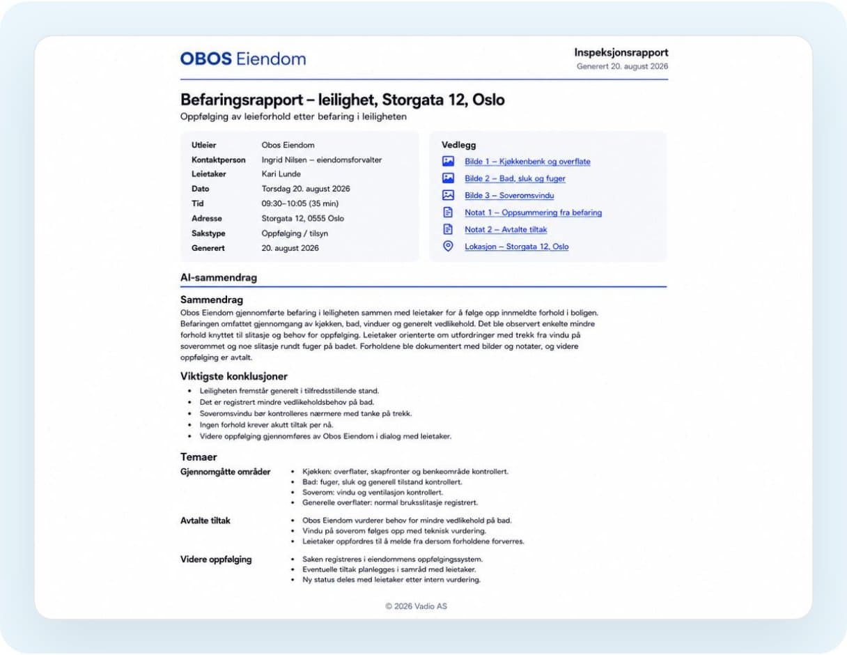 A flat inspection report with an AI summary, conclusions and agreed actions