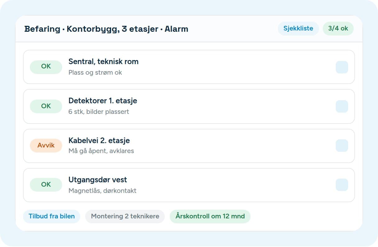 An alarm system inspection in Vadio, floor by floor, with deviations